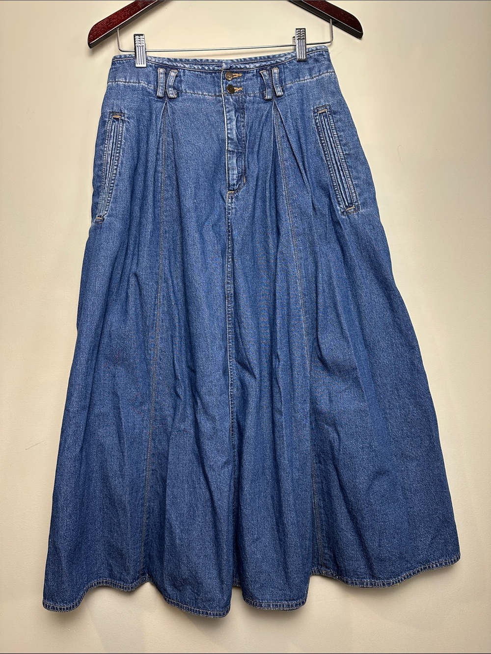 Vintage denim maxi ski long pockets cotton boho western cottagecore fall summer